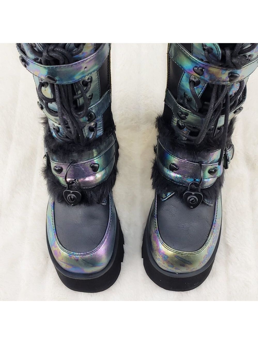 Ash Goth Punk Furry Mid Calf Platform Boots - Picture 9 of 15